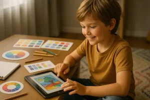 Jogos que ensinam composição e cores: arte para crianças no navegador